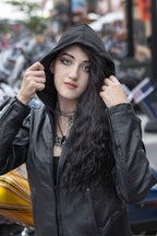 Milwaukee Leather MLL2555 Women's Black 3/4 Hooded Leather Jacket with Side Stretch