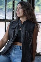 Milwaukee Leather MLL4512 Women’s Lashes Black Leather Club Style Motorcycle Rider Vest w/ Concealed Closure