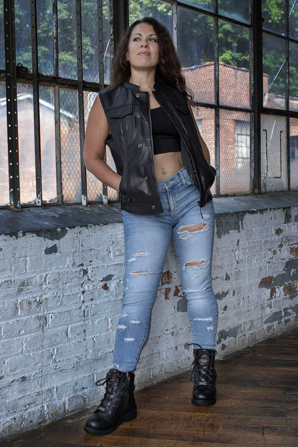 Milwaukee Leather MLL4512 Women’s Lashes Black Leather Club Style Motorcycle Rider Vest w/ Concealed Closure