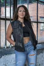 Milwaukee Leather MLL4512 Women’s Lashes Black Leather Club Style Motorcycle Rider Vest w/ Concealed Closure