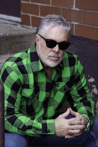 Milwaukee Leather MNG11656 Men's Flannel Plaid Black and Neon-Green Long Sleeve Cotton Button Down Shirt