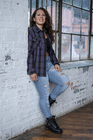 Milwaukee Leather MNG21603 Women's Casual Black with Purple Long Sleeve Casual Cotton Flannel Shirt