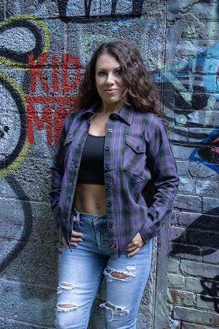 Milwaukee Leather MNG21603 Women's Casual Black with Purple Long Sleeve Casual Cotton Flannel Shirt