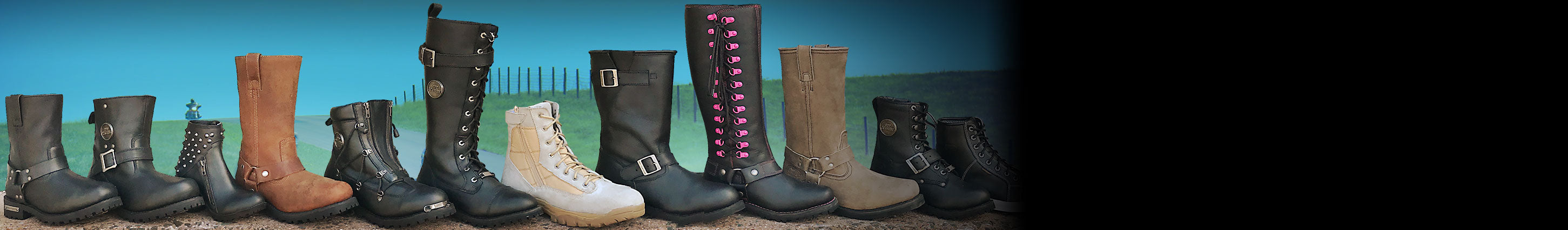 Men's and women's leather motorcycle boots collection.