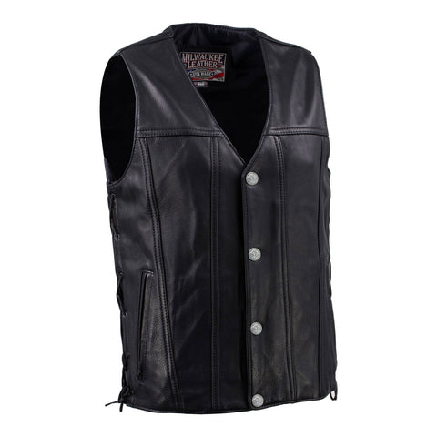 Milwaukee Leather USA MADE MLVSM5005 Men's Black 'Road Whip' Premium Motorcycle Leather Vest with Buffalo Snap Buttons