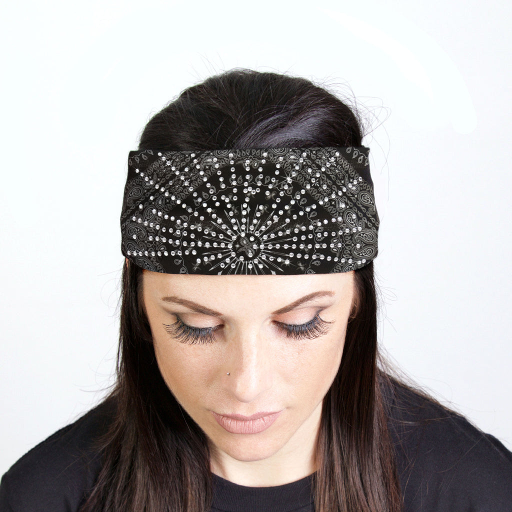 Hot Leathers Bling Bands Black Bandana Rhinestone Crystal Headband Wraps RWC2004