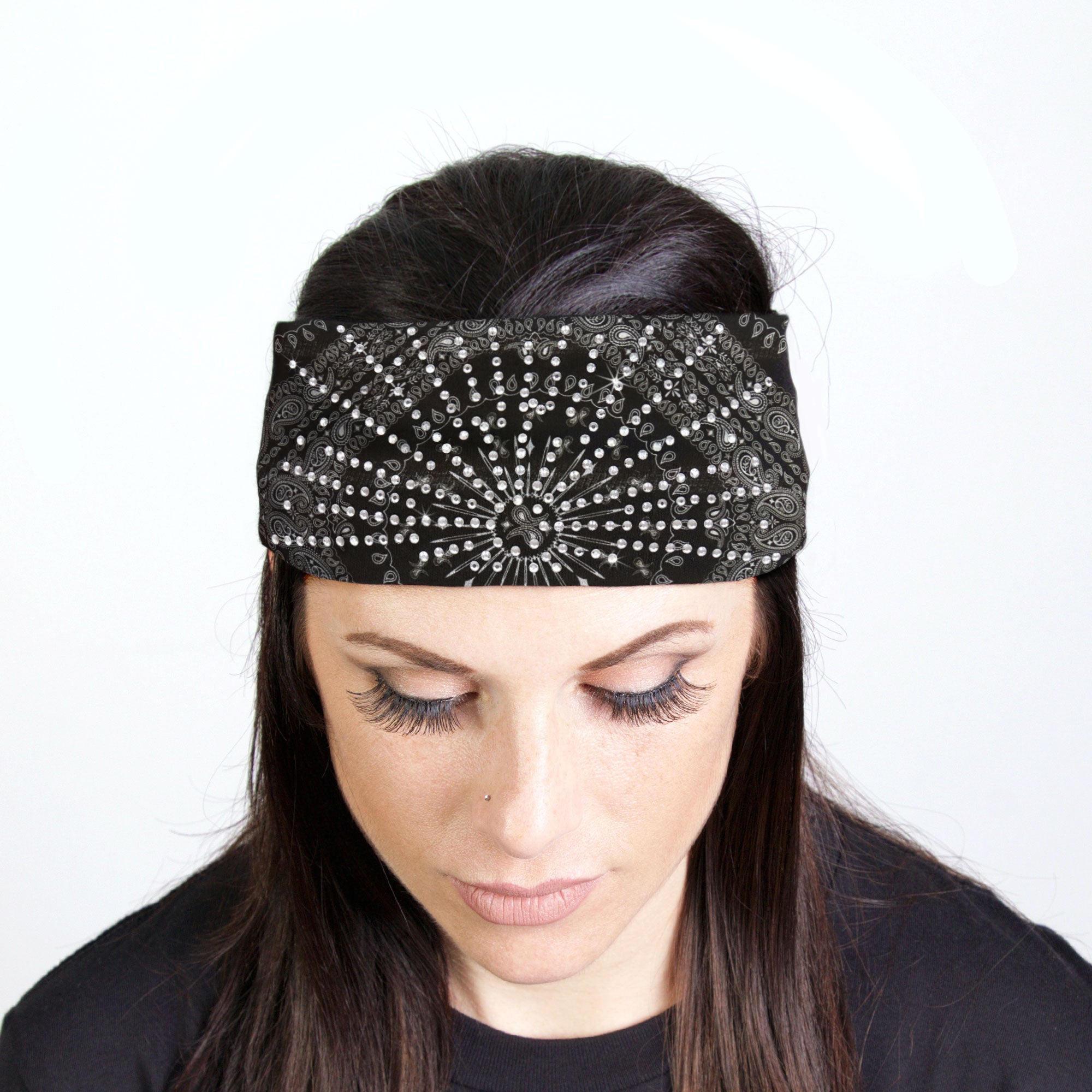 Hot Leathers Bling Bands Black Bandana Rhinestone Crystal Headband Wraps RWC2004
