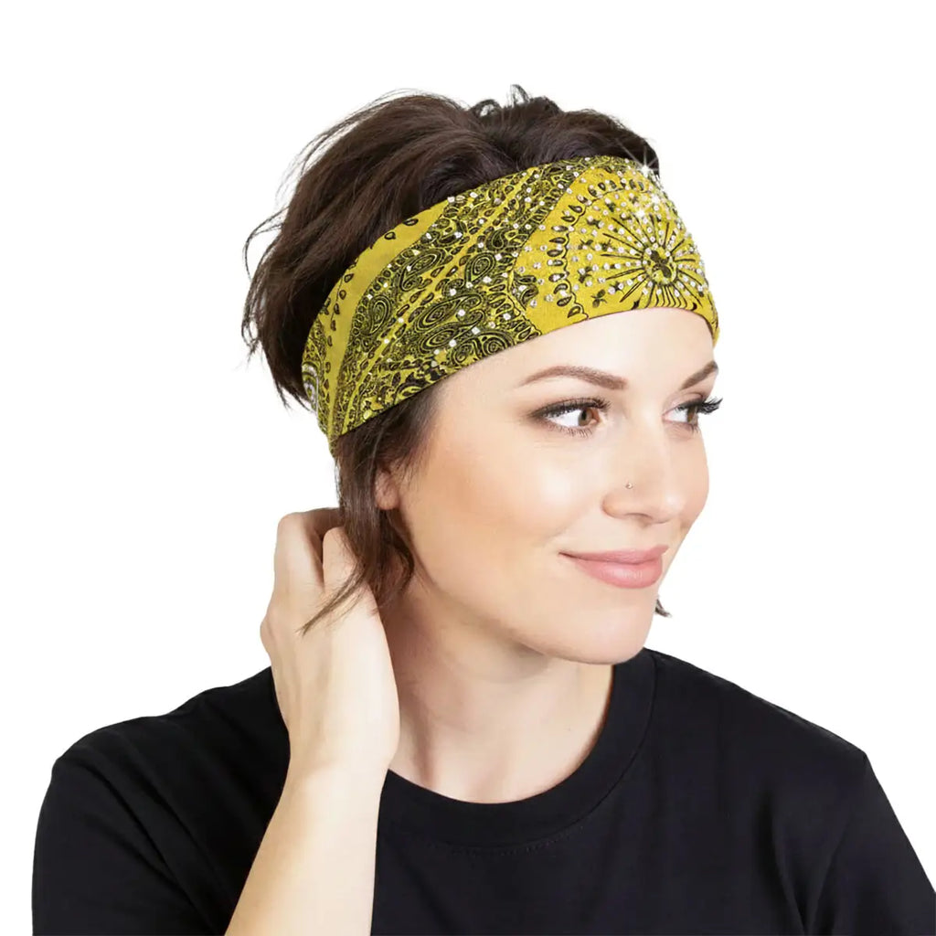 Hot Leathers Bling Bands Yellow Bandana Rhinestone Crystal Headband Wraps RWC2011