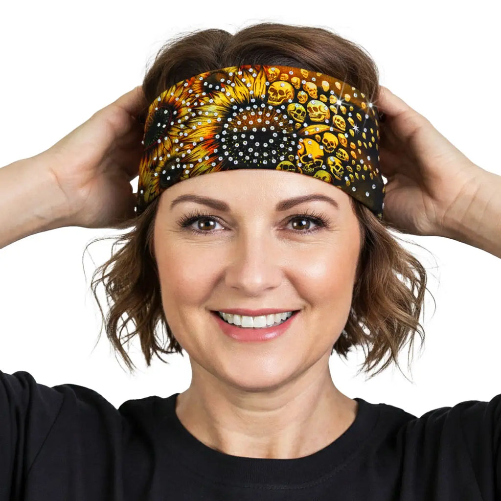 Hot Leathers Bling Bands Sunflower Skulls Rhinestone Crystal Headband Wraps RWC2045