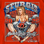 2025 Sturgis Motorcycle Rally Motor Pin UP Red SS T-Shirt SPB1167