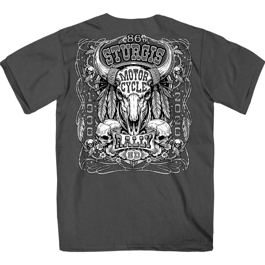 2026 Sturgis Motorcycle Rally Biason Skull Mens Charcoal T-Shirt SPB1212