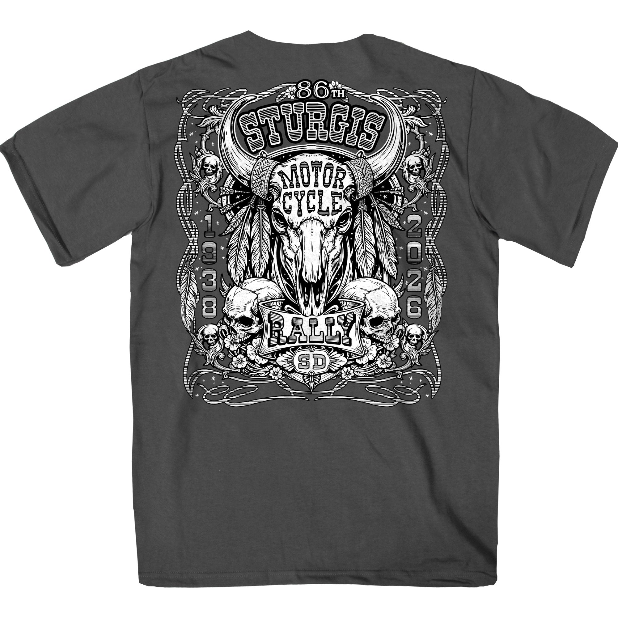 2026 Sturgis Motorcycle Rally Biason Skull Mens Charcoal T-Shirt SPB1212