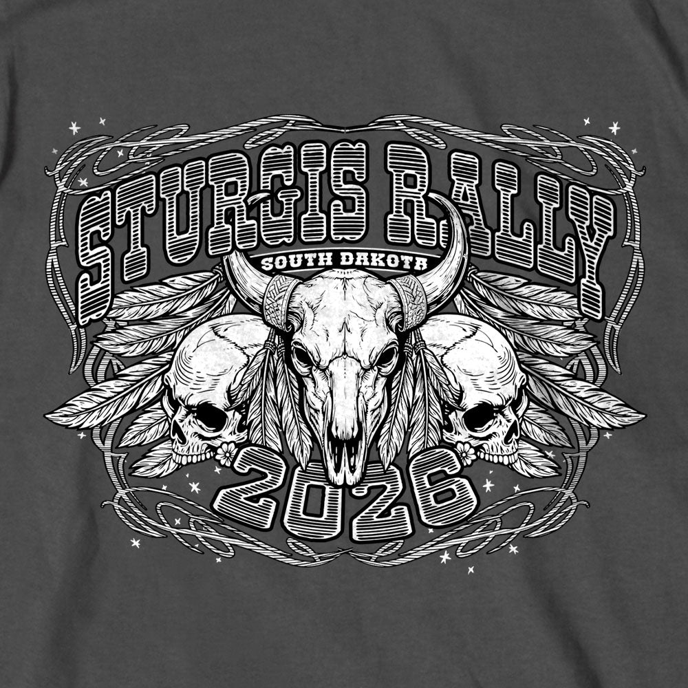 2026 Sturgis Motorcycle Rally Biason Skull Mens Charcoal T-Shirt SPB1212