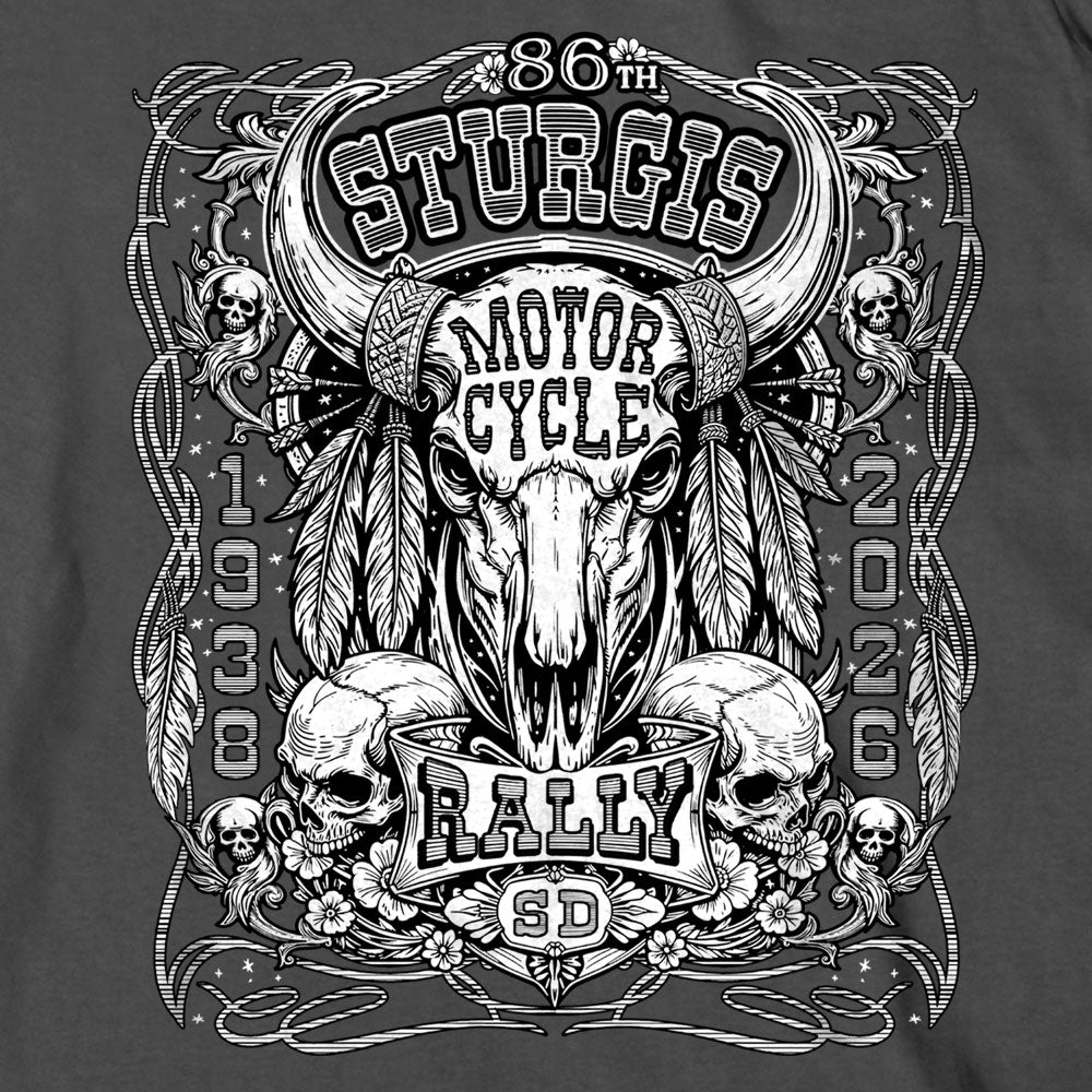 2026 Sturgis Motorcycle Rally Biason Skull Mens Charcoal T-Shirt SPB1212