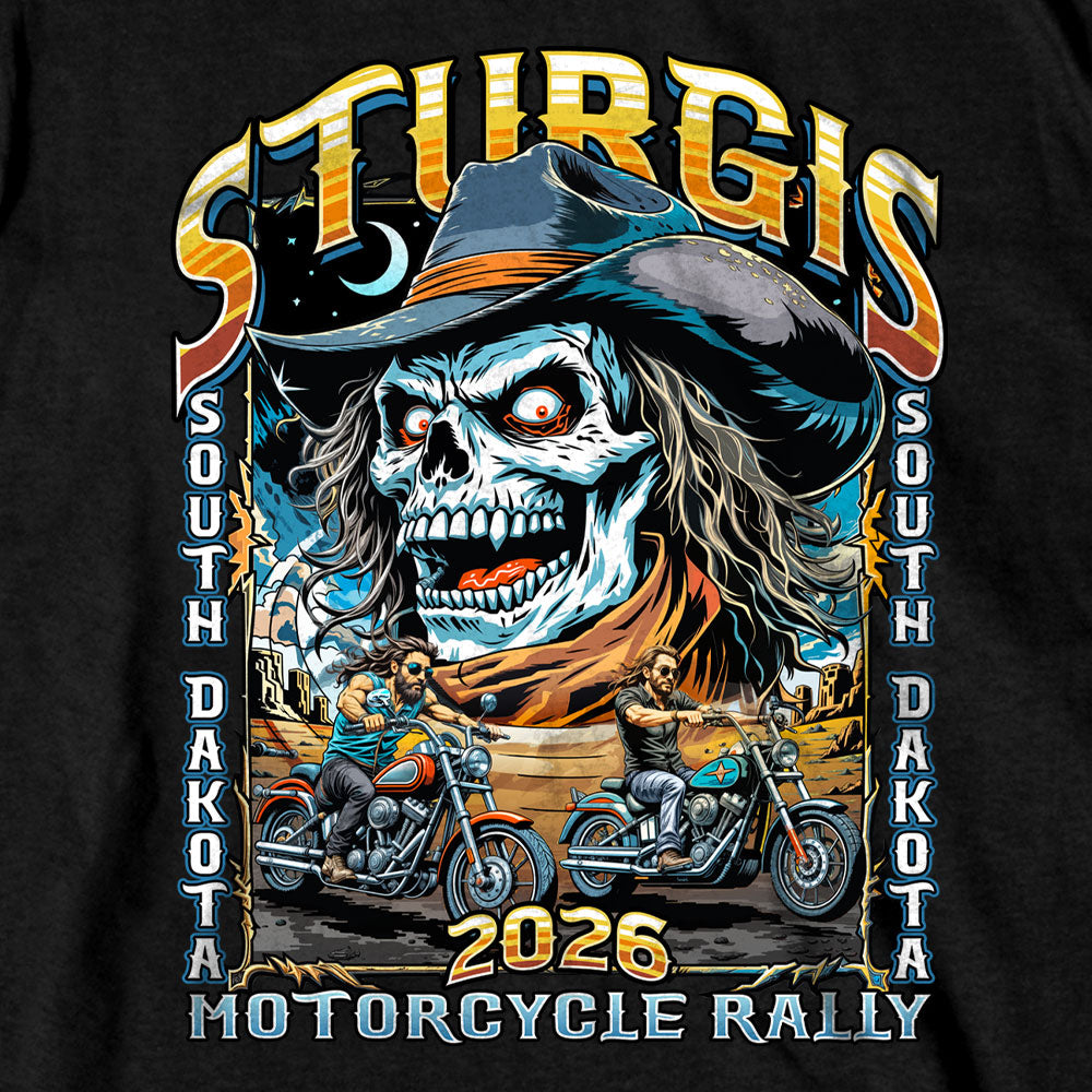 2026 Sturgis Motorcycle Rally Cowboy Skull Mens Black T-Shirt SPB1214