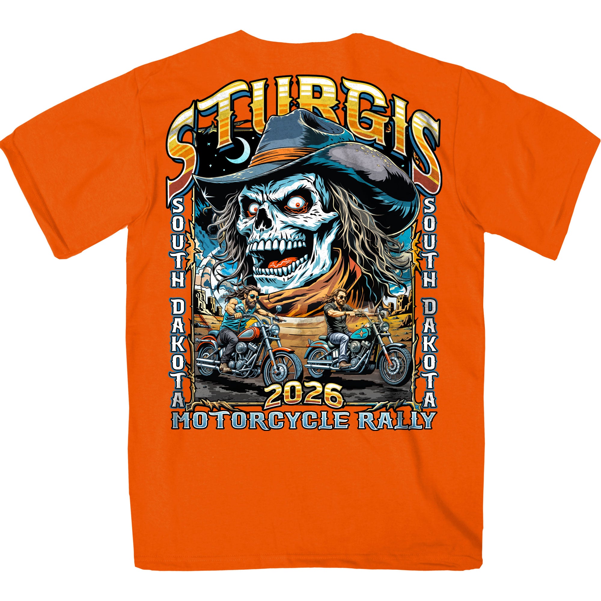 2026 Sturgis Motorcycle Rally Cowboy Skull Mens Orange T-Shirt SPB1215