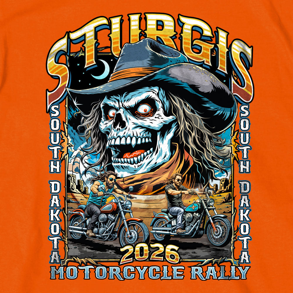 2026 Sturgis Motorcycle Rally Cowboy Skull Mens Orange T-Shirt SPB1215