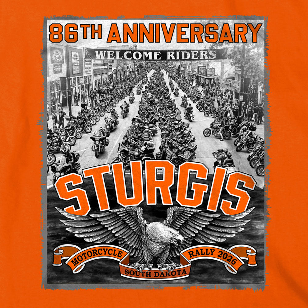 2026 Sturgis Motorcycle Rally Main Street Mens Orange T-Shirt SPB1223