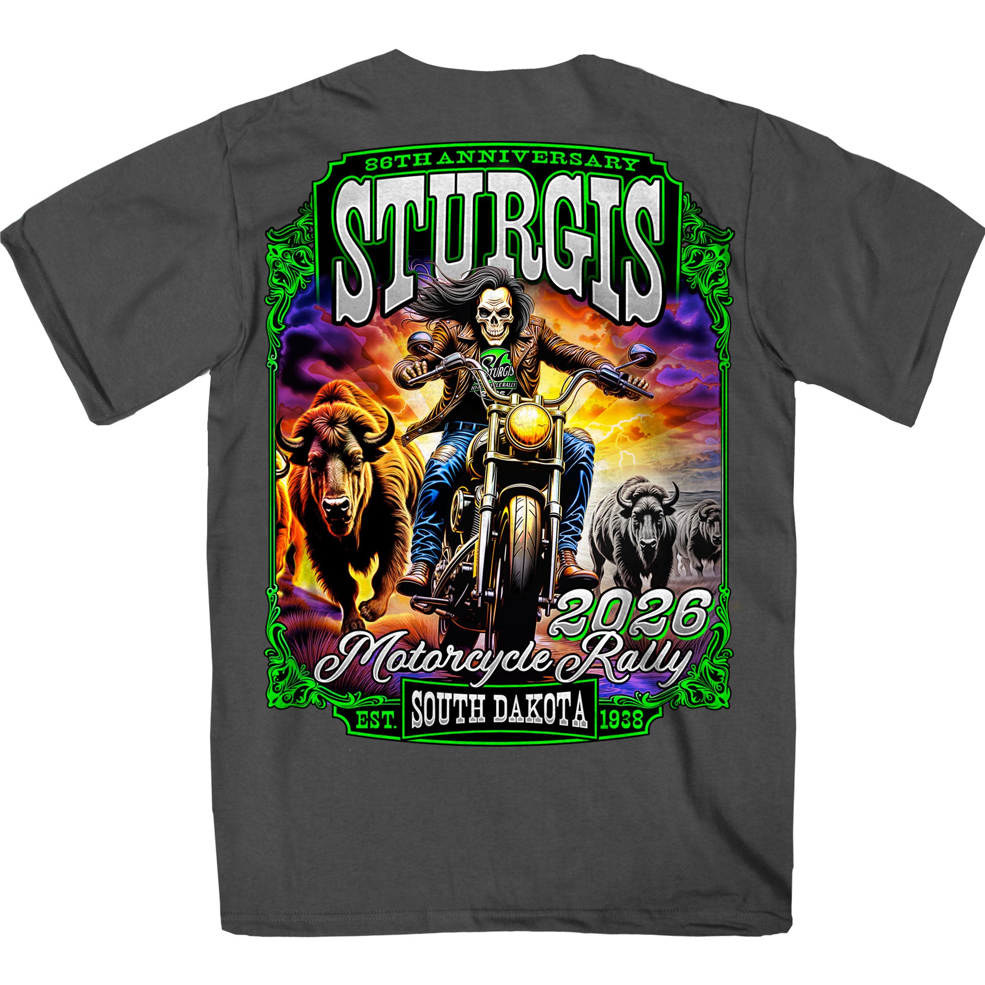 2026 Sturgis Motorcycle Rally Skull Chaser Numone Mens Charcoal T