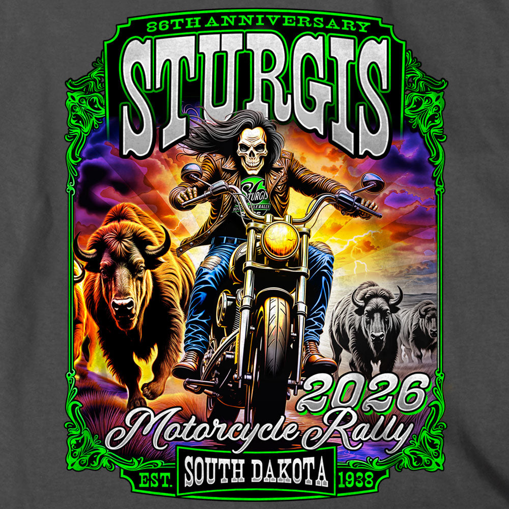 2026 Sturgis Motorcycle Rally Skull Chaser Numone Mens Charcoal T-Shirt SPB1231