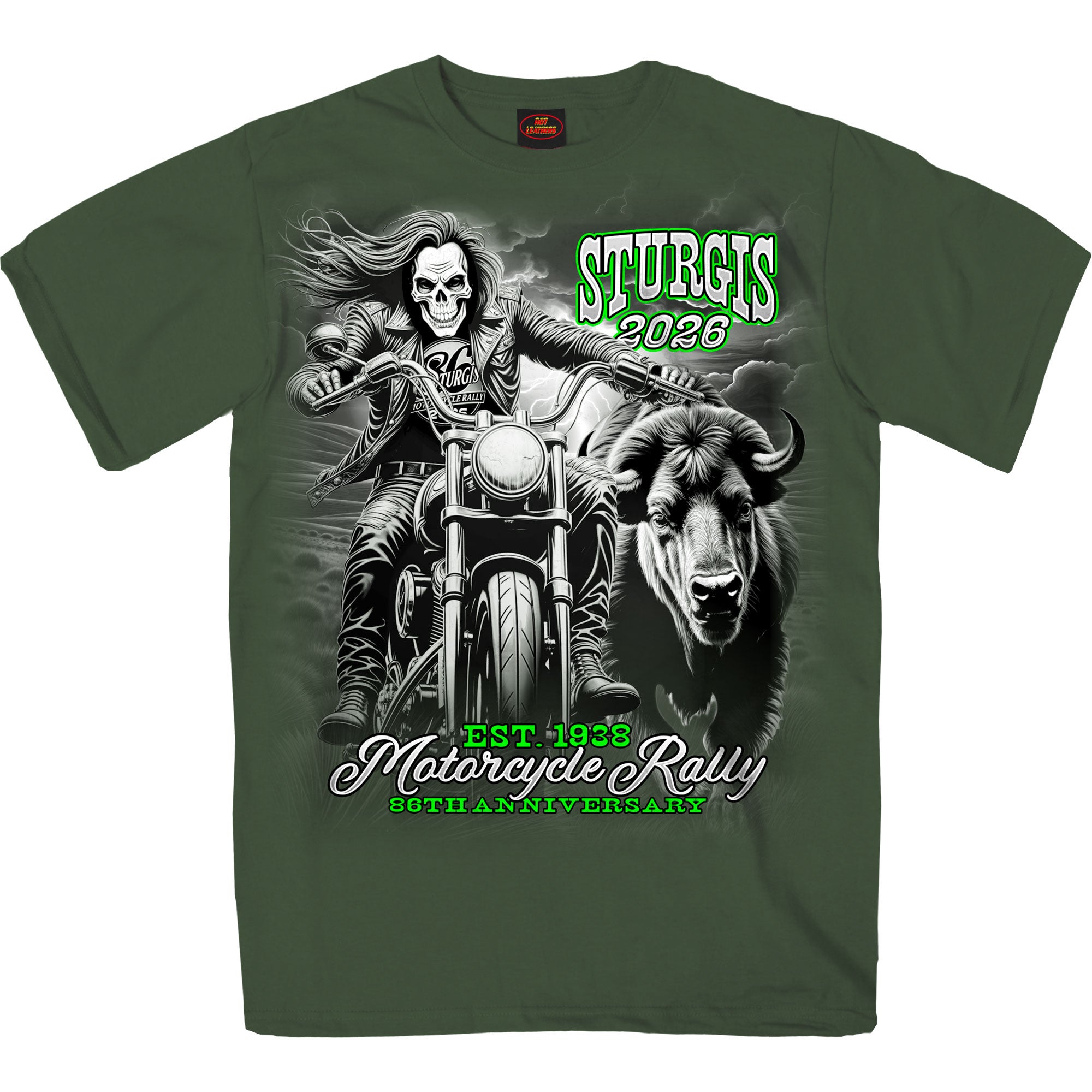 2026 Sturgis Motorcycle Rally Skull Chaser Numone Mens Military Green T-Shirt SPB1232
