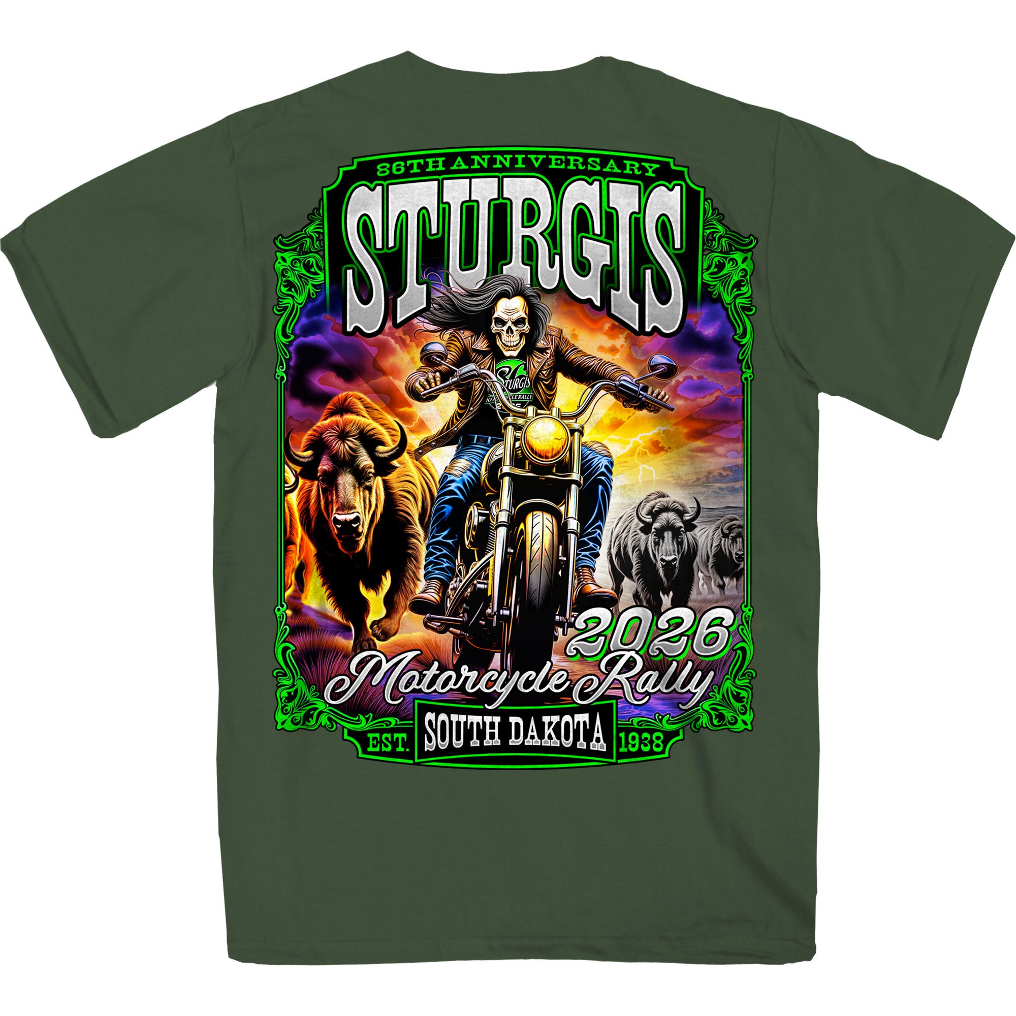 2026 Sturgis Motorcycle Rally Skull Chaser Numone Mens Military Green T-Shirt SPB1232