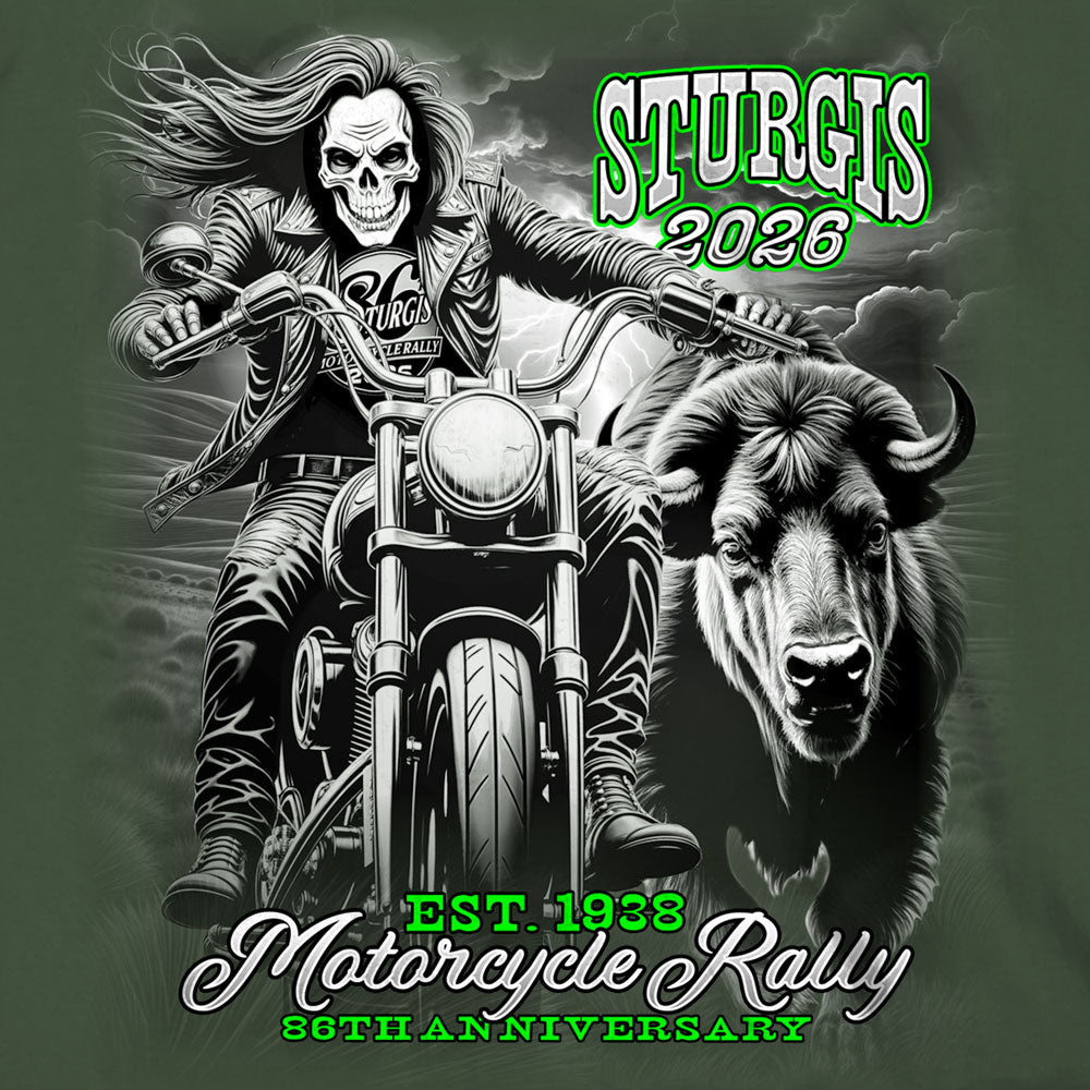 2026 Sturgis Motorcycle Rally Skull Chaser Numone Mens Military Green T-Shirt SPB1232