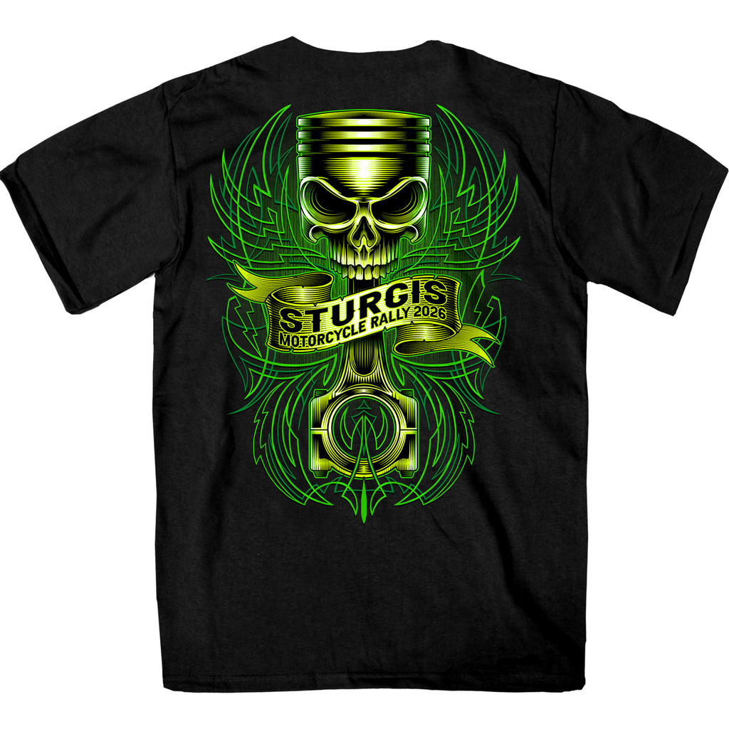 2026 Sturgis Motorcycle Rally Piston Skull  SS Mens Black T-Shirt SPB1251