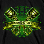 2026 Sturgis Motorcycle Rally Piston Skull  SS Mens Black T-Shirt SPB1251