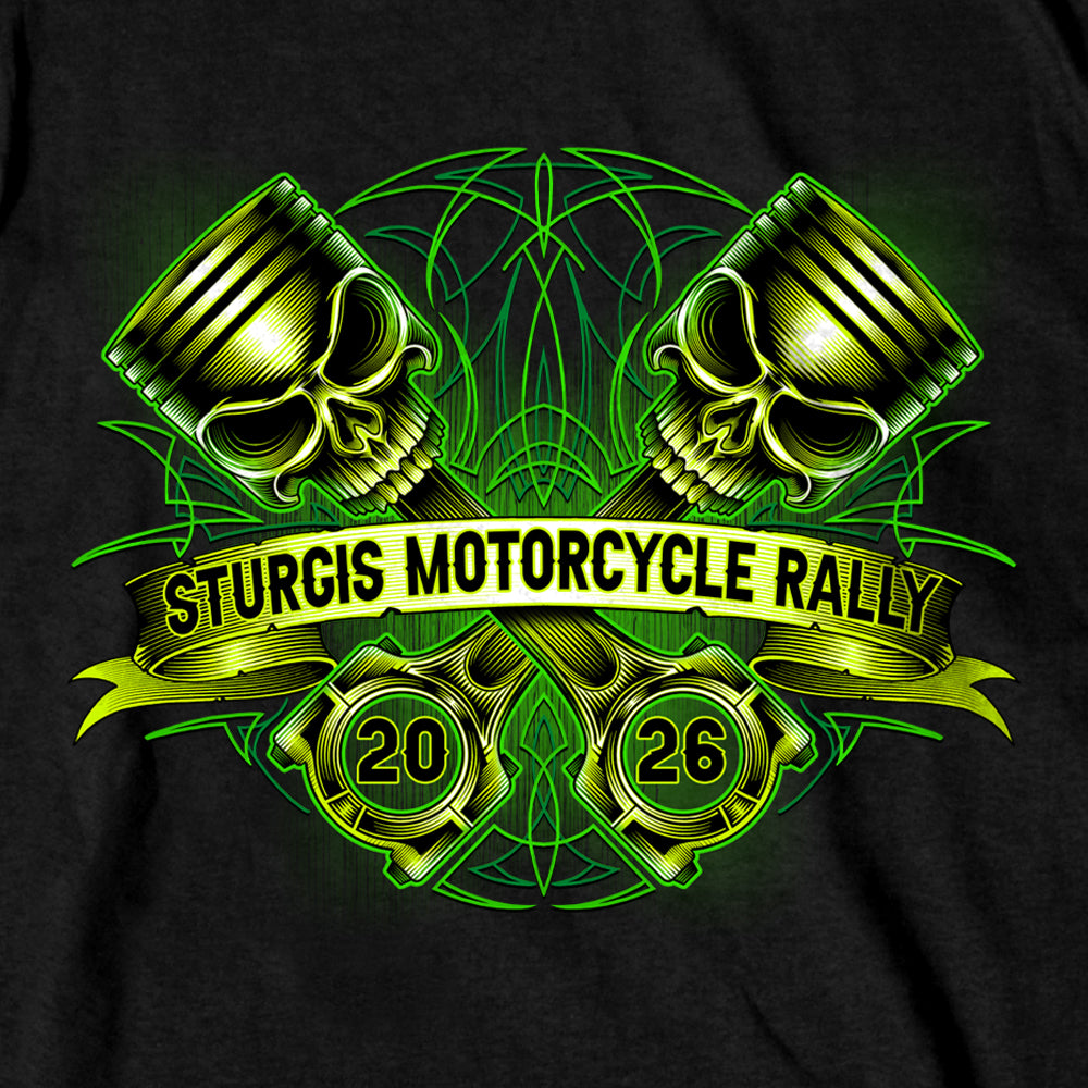 2026 Sturgis Motorcycle Rally Piston Skull  SS Mens Black T-Shirt SPB1251
