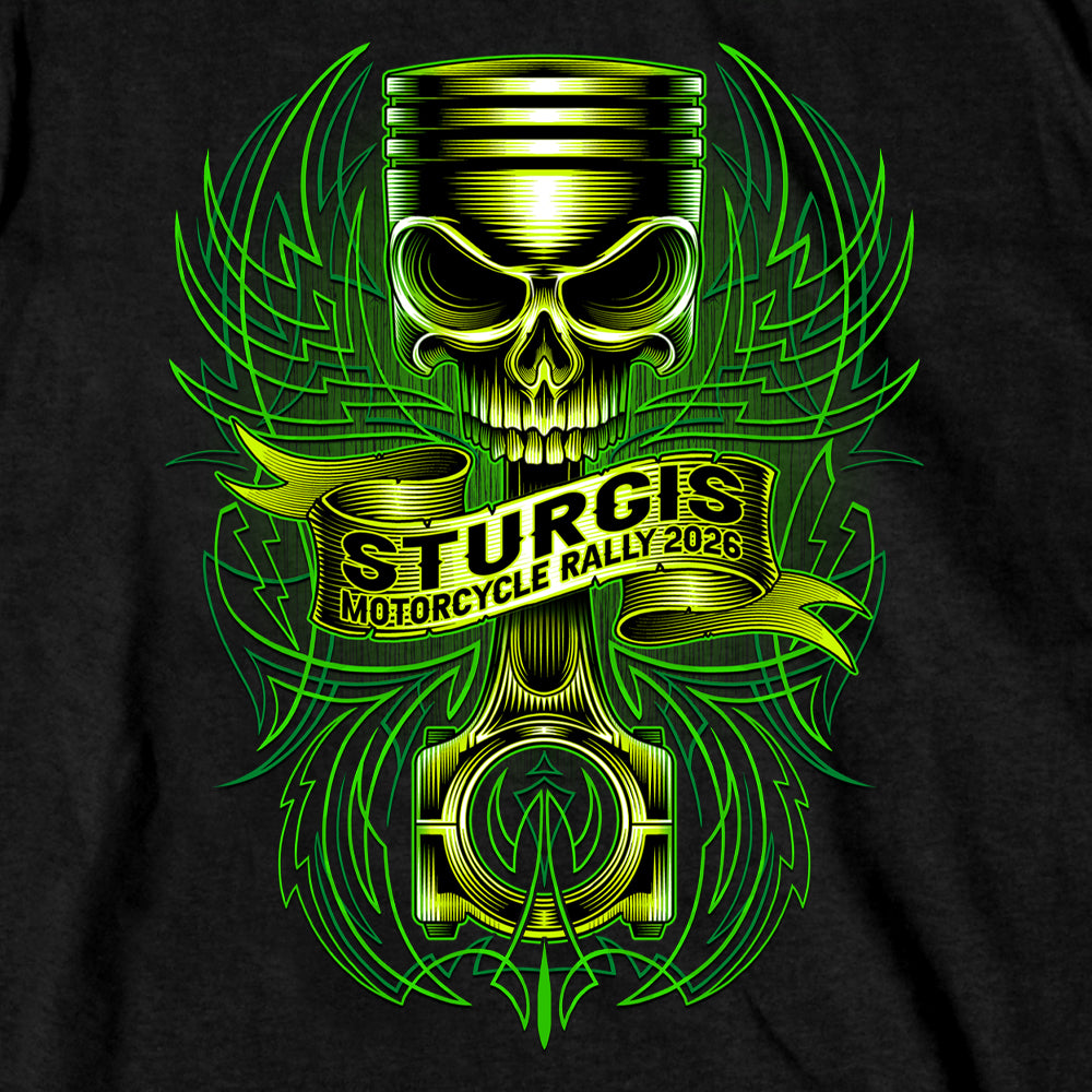 2026 Sturgis Motorcycle Rally Piston Skull  SS Mens Black T-Shirt SPB1251