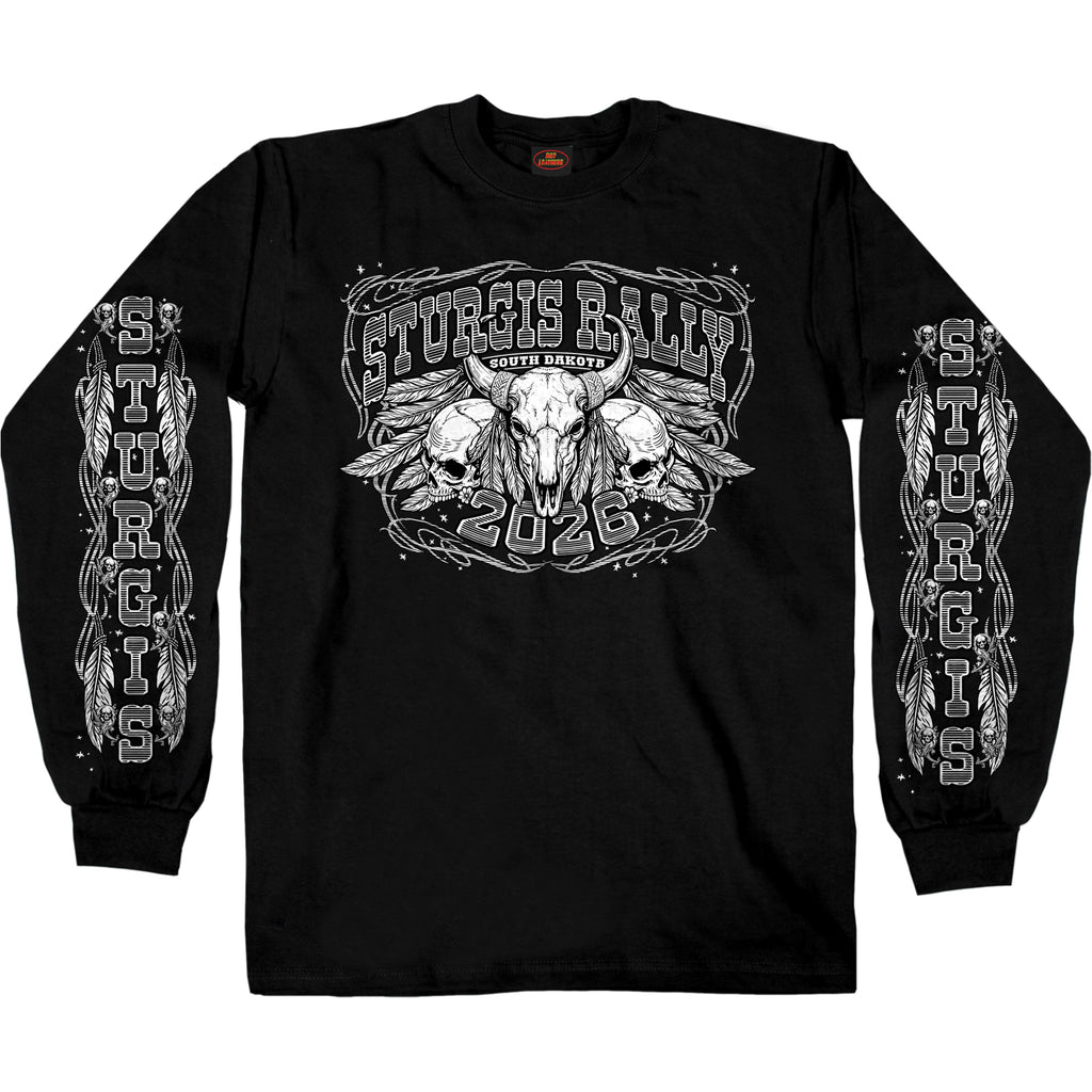 2026 Sturgis Motorcycle Rally Bison Skull Mens Black Long Sleeve Shirt SPB2135