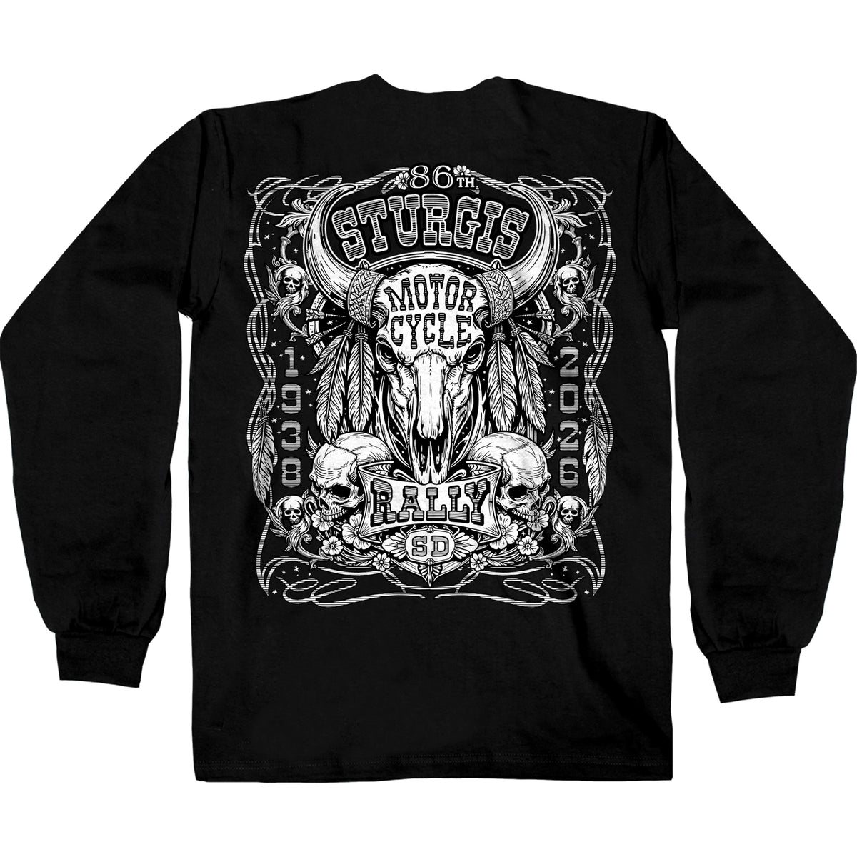 2026 Sturgis Motorcycle Rally Bison Skull Mens Black Long Sleeve Shirt SPB2135