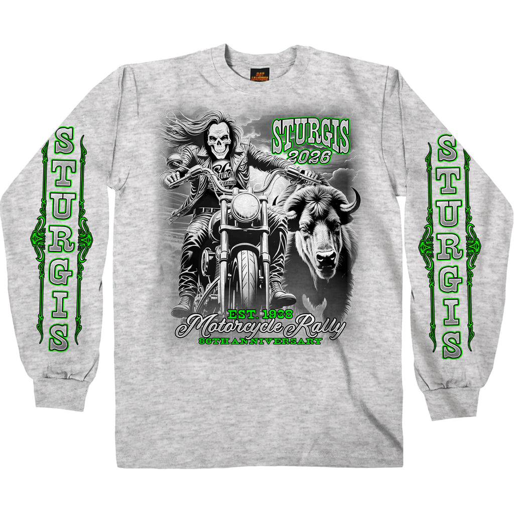 2026 Sturgis Motorcycle Rally Skull Chaser Numone Mens Grey Long Sleeve T-Shirt SPB2152