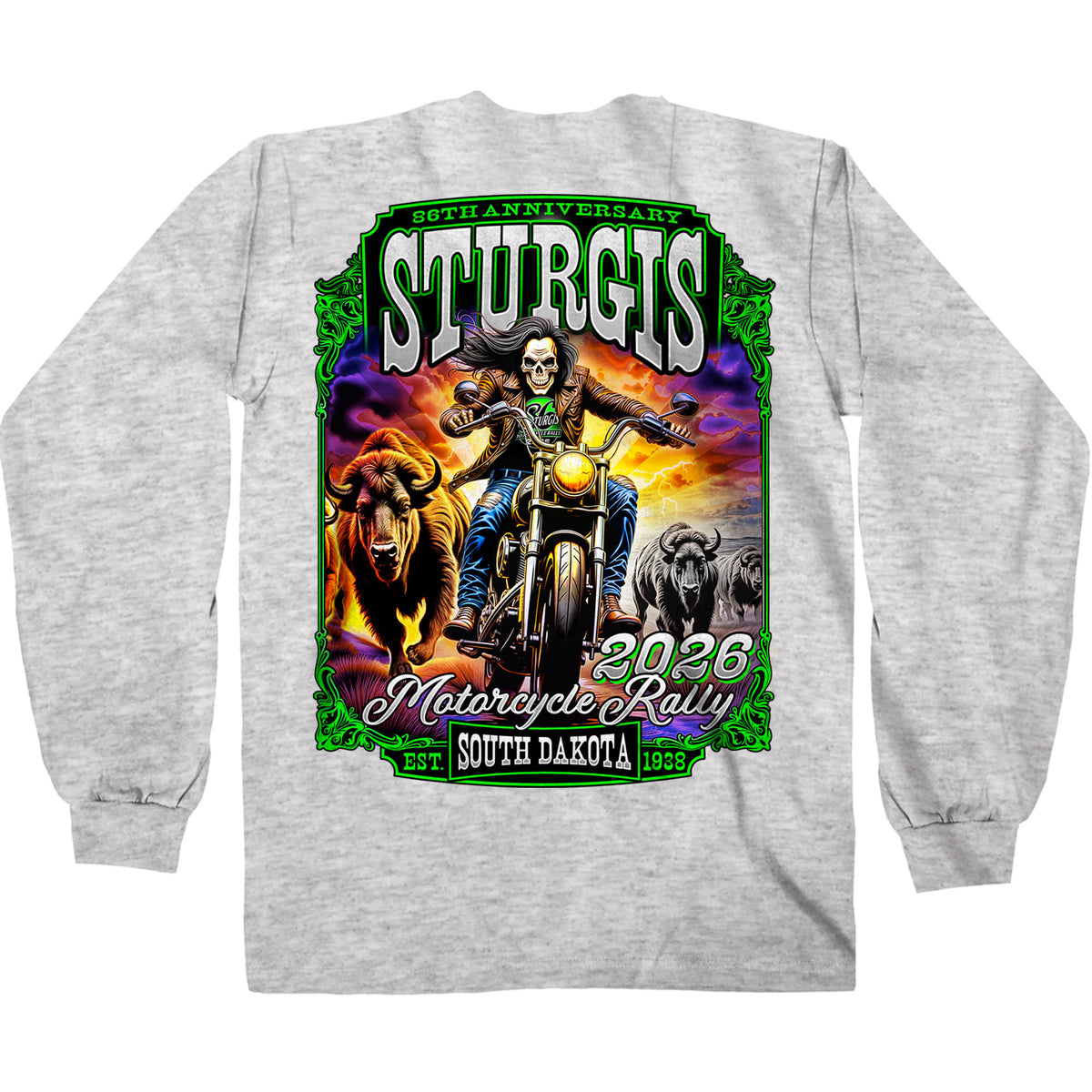 2026 Sturgis Motorcycle Rally Skull Chaser Numone Mens Grey Long Sleeve T-Shirt SPB2152