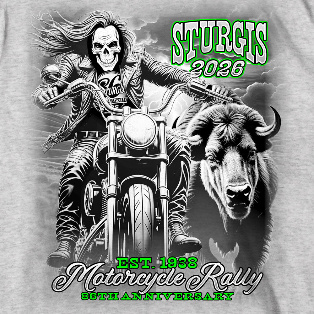 2026 Sturgis Motorcycle Rally Skull Chaser Numone Mens Grey Long Sleeve T-Shirt SPB2152