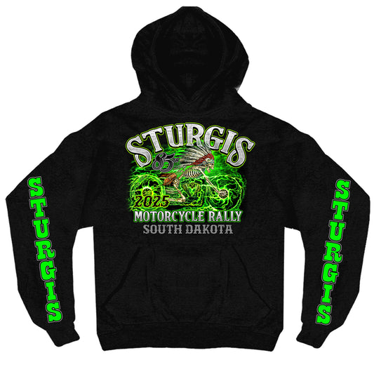 2025 Sturgis Motorcycle Rally Skeleton Chief Black Hooded Sweat Shirt