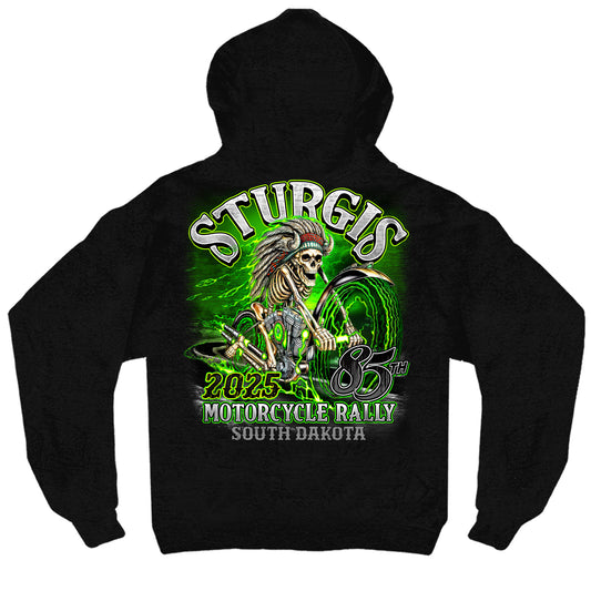 2025 Sturgis Motorcycle Rally Skeleton Chief Black Hooded Sweat Shirt