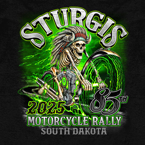 2025 Sturgis Motorcycle Rally Skeleton Chief Black Hooded Sweat Shirt