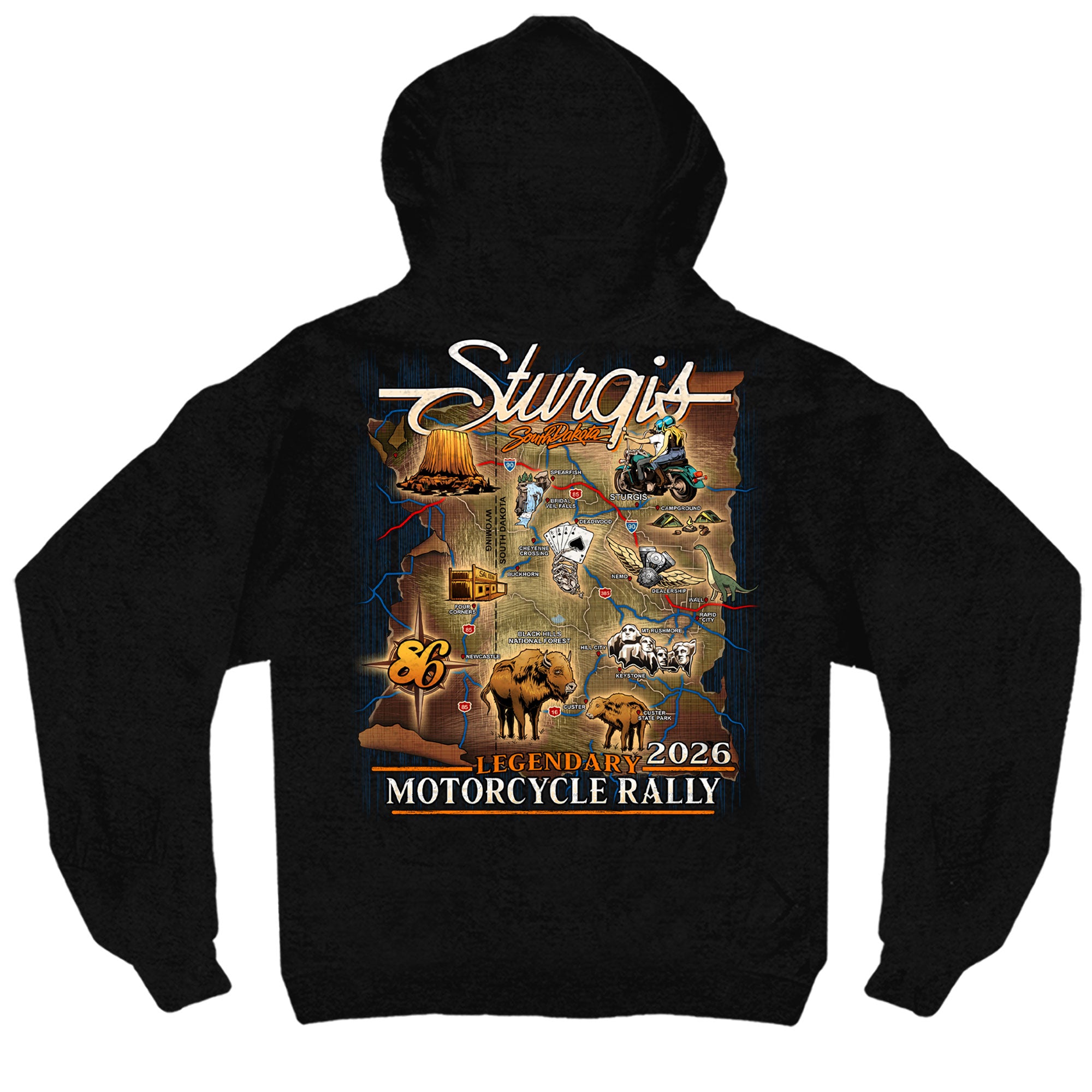2026 Sturgis Motorcycle Rally Attractions Mens Black Zip Up Hoodie