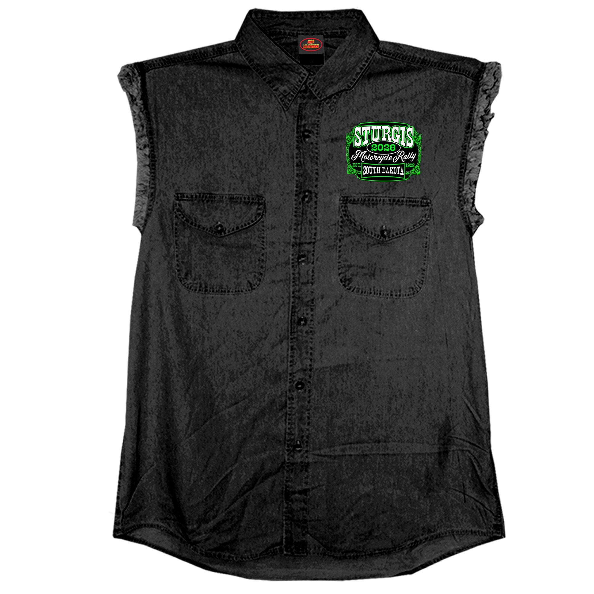 2026 Sturgis Motorcycle Rally Skull Chaser Numone Mens Black Denim Sleeve Shirt SPB5108