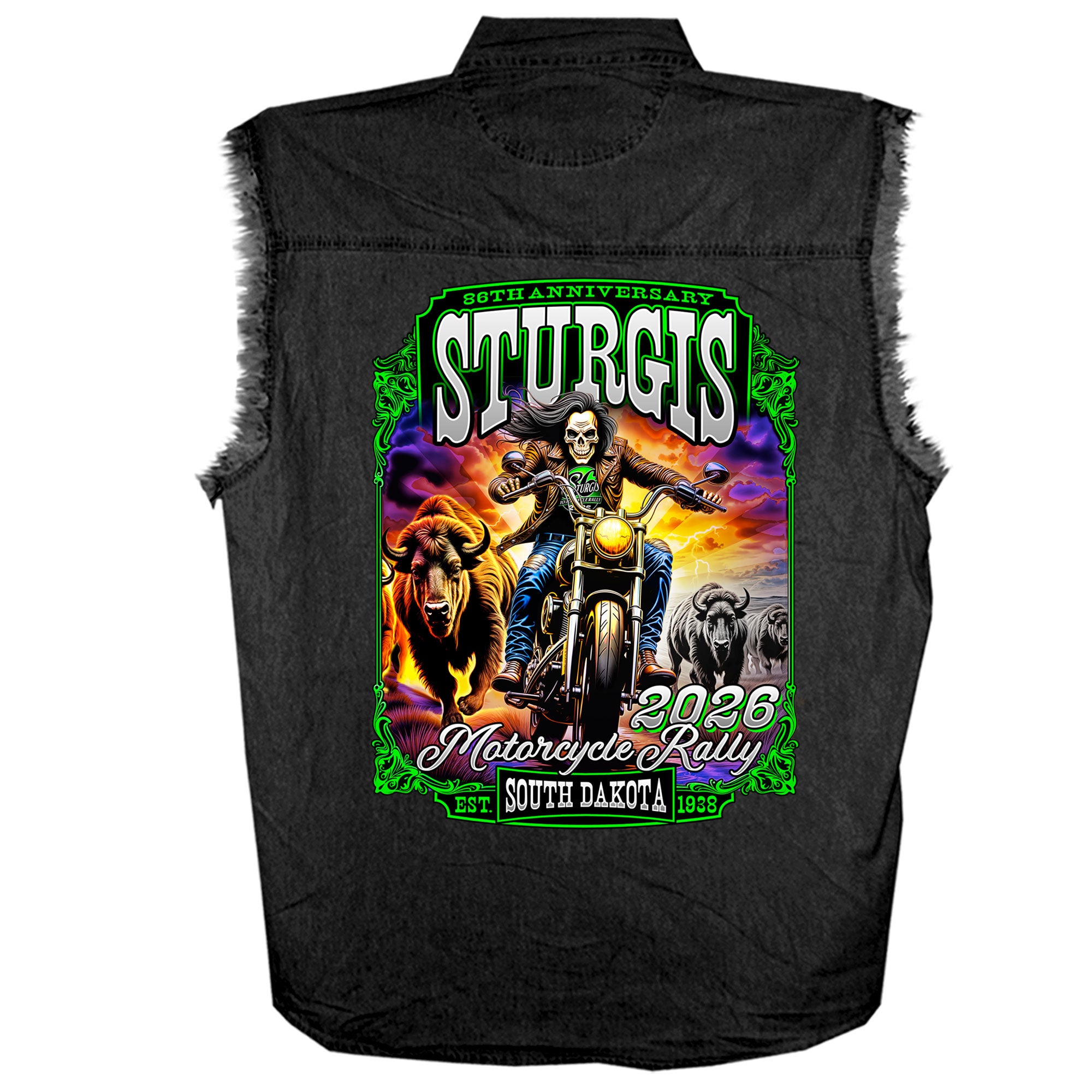 2026 Sturgis Motorcycle Rally Skull Chaser Numone Mens Black Denim Sleeve Shirt SPB5108