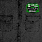 2026 Sturgis Motorcycle Rally Skull Chaser Numone Mens Black Denim Sleeve Shirt SPB5108
