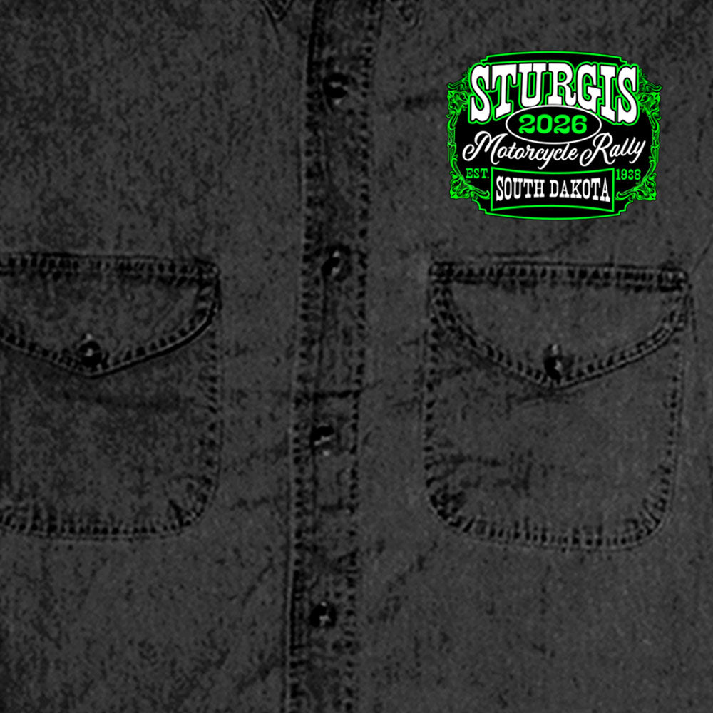 2026 Sturgis Motorcycle Rally Skull Chaser Numone Mens Black Denim Sleeve Shirt SPB5108