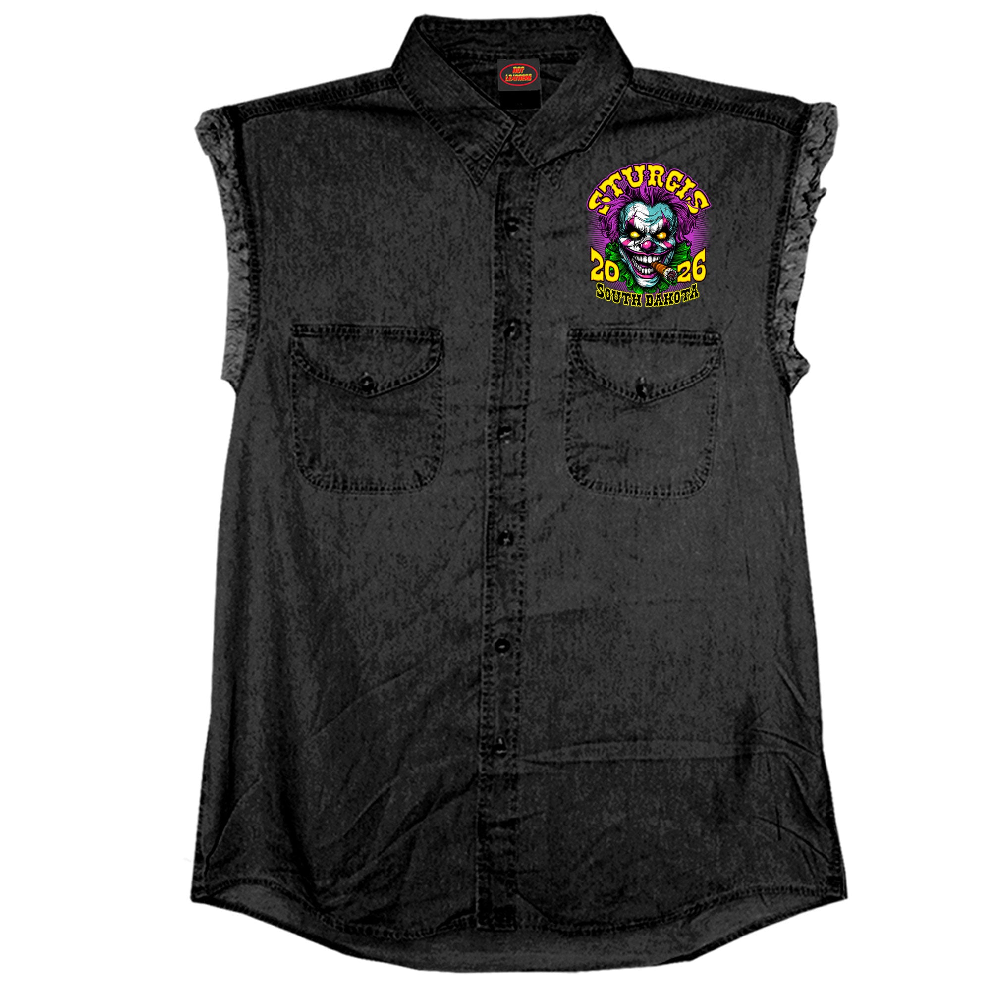 2026 Sturgis Motorcycle Rally Crazy Clown Mens Black Denim Sleeve Shirt SPB5109
