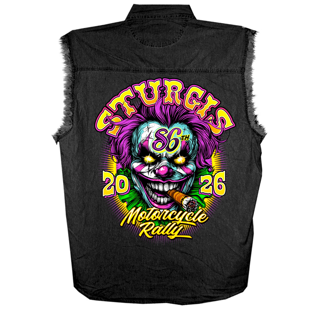 2026 Sturgis Motorcycle Rally Crazy Clown Mens Black Denim Sleeve Shirt SPB5109