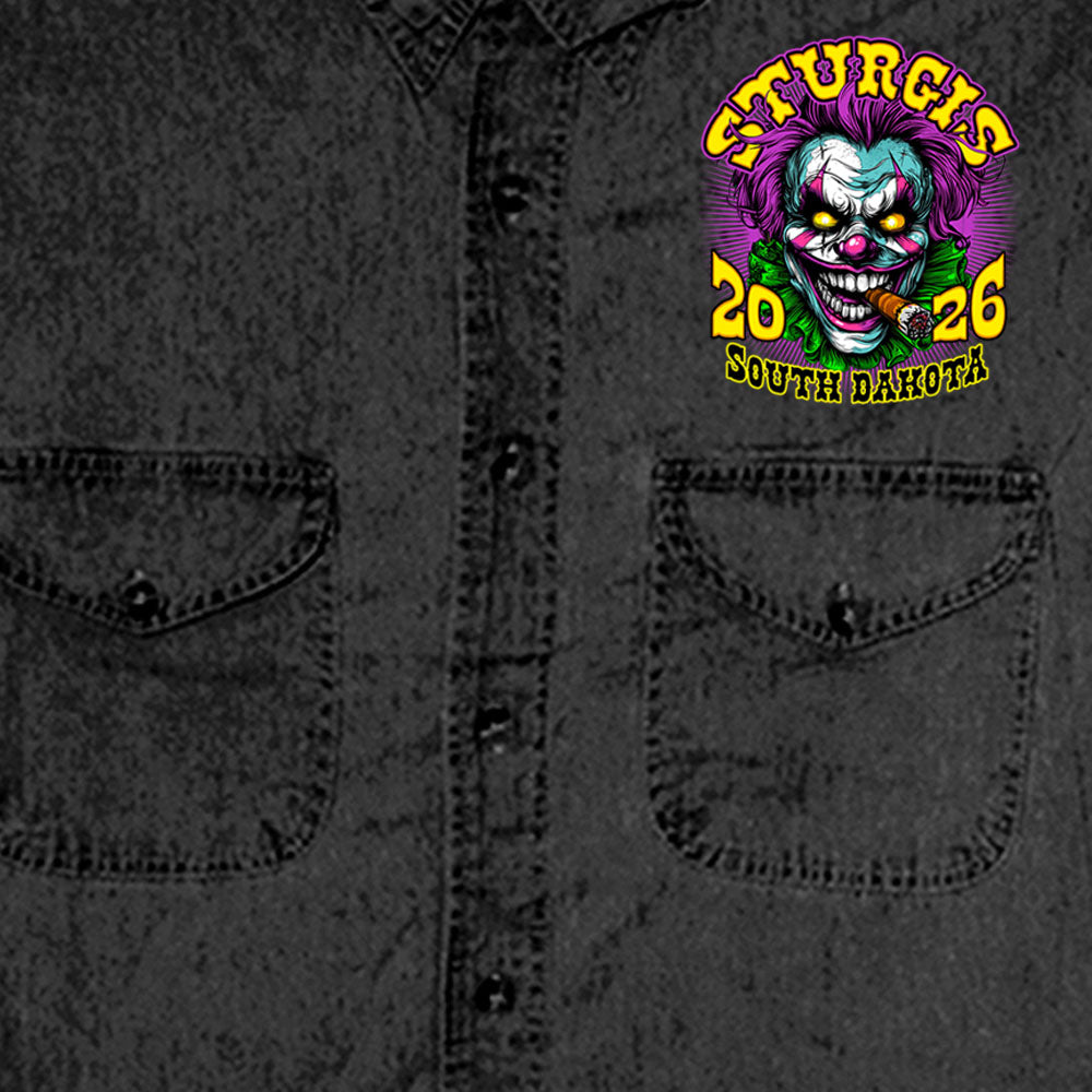 2026 Sturgis Motorcycle Rally Crazy Clown Mens Black Denim Sleeve Shirt SPB5109