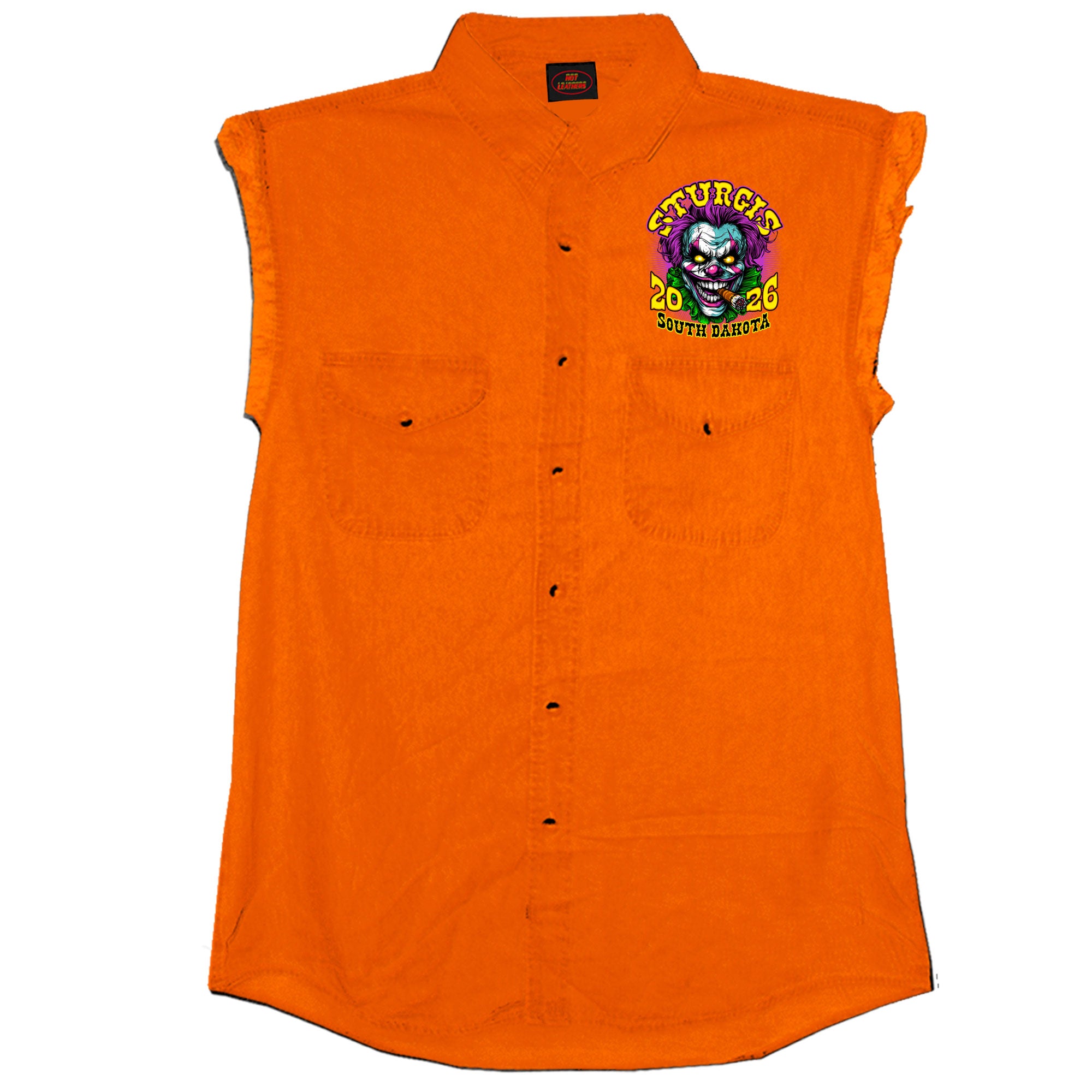 2026 Sturgis Motorcycle Rally Crazy Clown Mens Orange Denim Sleeve Shirt SPB5110
