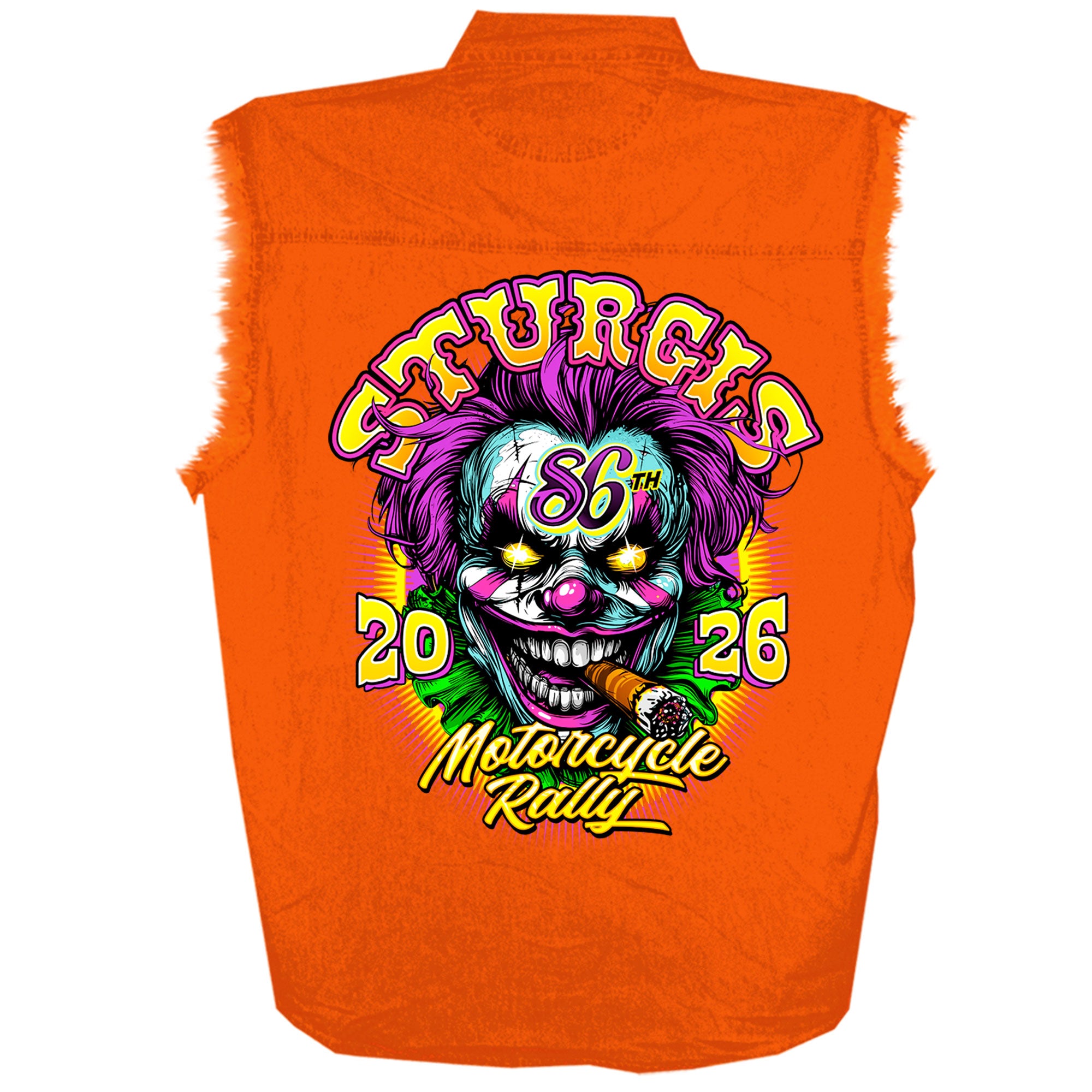 2026 Sturgis Motorcycle Rally Crazy Clown Mens Orange Denim Sleeve Shirt SPB5110