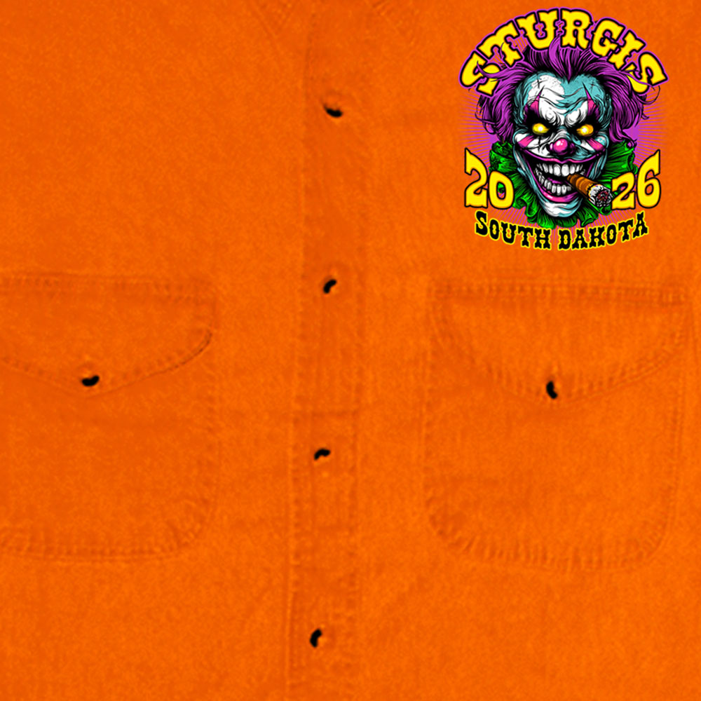 2026 Sturgis Motorcycle Rally Crazy Clown Mens Orange Denim Sleeve Shirt SPB5110
